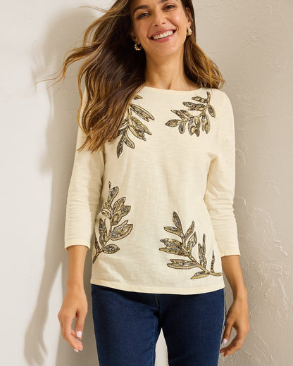 Forever Fronds Embellished Lux 3/4-Sleeve T-Shirt - Tommy Bahama Women