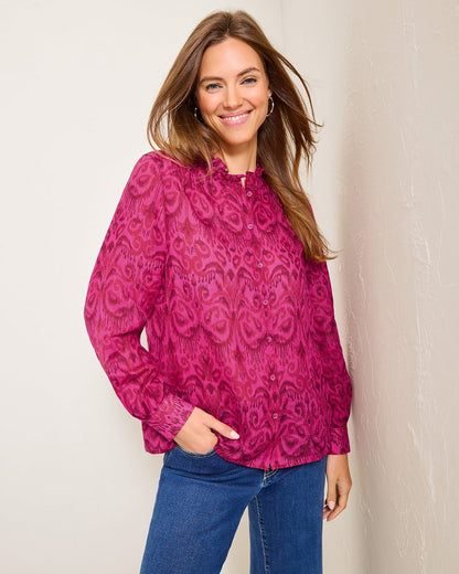 Seaside Ikat Long-Sleeve Ruffle-Neck Top - Tommy Bahama Women