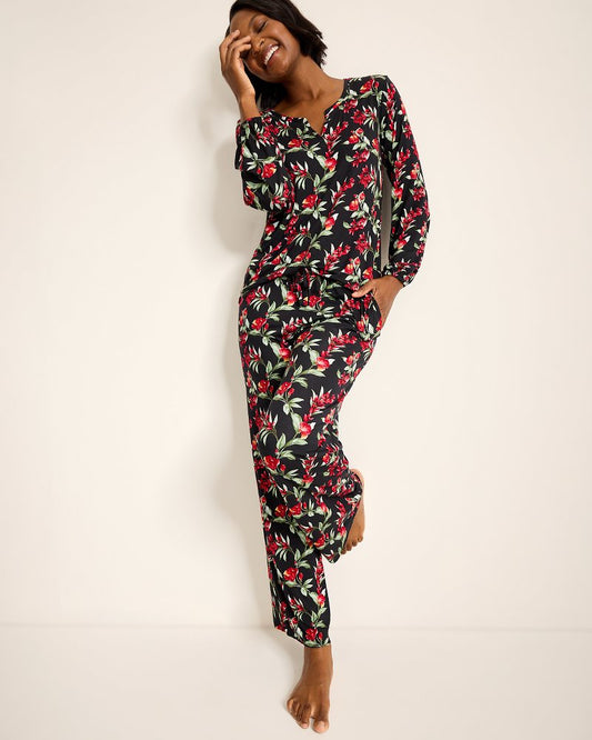 Jersey Split-Neck Long Sleeve & Pants Pajama Set - Tommy Bahama Women