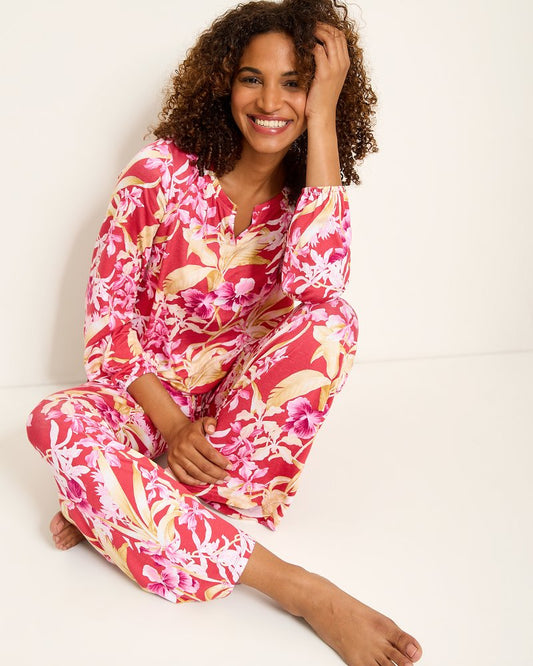 Jersey Split-Neck Long Sleeve & Pants Pajama Set - Tommy Bahama Women