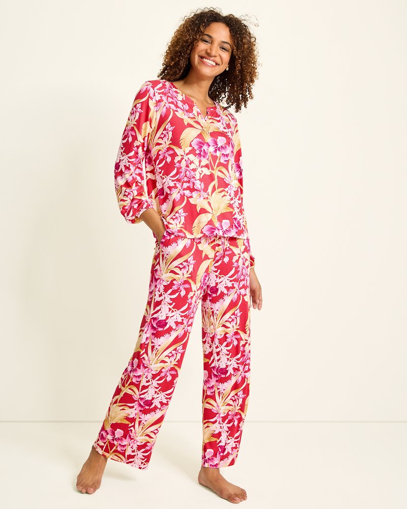 Jersey Split-Neck Long Sleeve & Pants Pajama Set - Tommy Bahama Women